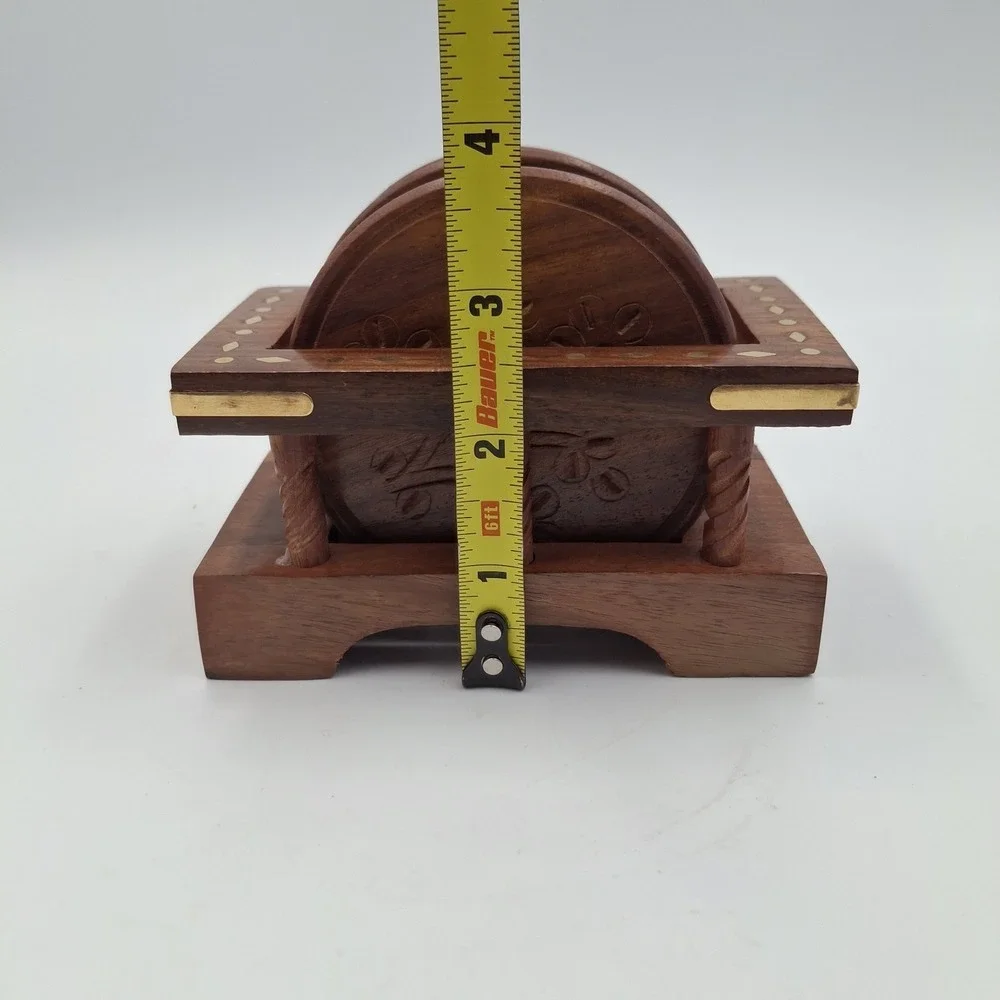 Kapasi Handcrafted Wooden Coaster Set of‎ 6 & Holder Carved Flower Brass Inlay